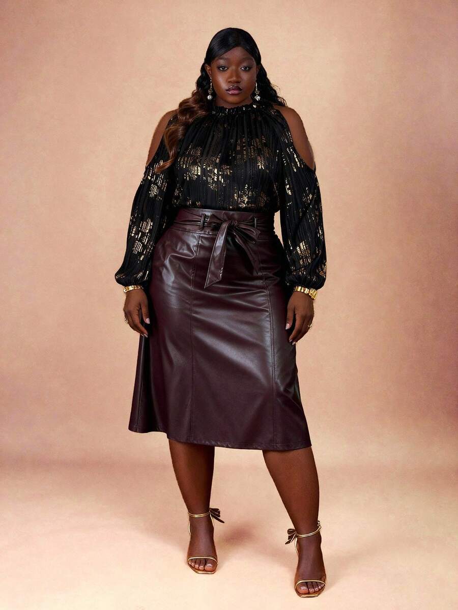 CurvyTilda 大码复古硬币图案 PU 半身裙 - 棕色 - 查看 1