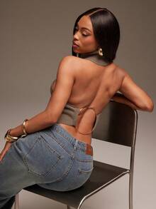 Denimoi Áo len cổ cao không tay có khoen tròn, áo quây, áo hở lưng, áo len cổ lọ. - Lạc đà - Xem 3