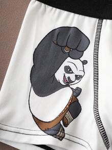 SHEIN Kung Fu Panda Tween Boy 2pcs Cute Panda Print Contrast Stitch Detail Trunks - White - View 6