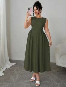 Elenzga Plus Size Women Solid Color Round Neck Pleated Sleeveless Elegant Dress Solid Color Dress Green Elegant Dress Women Ankle Length Dress Casual Long Dress Olive Dress - Army Green - View 3