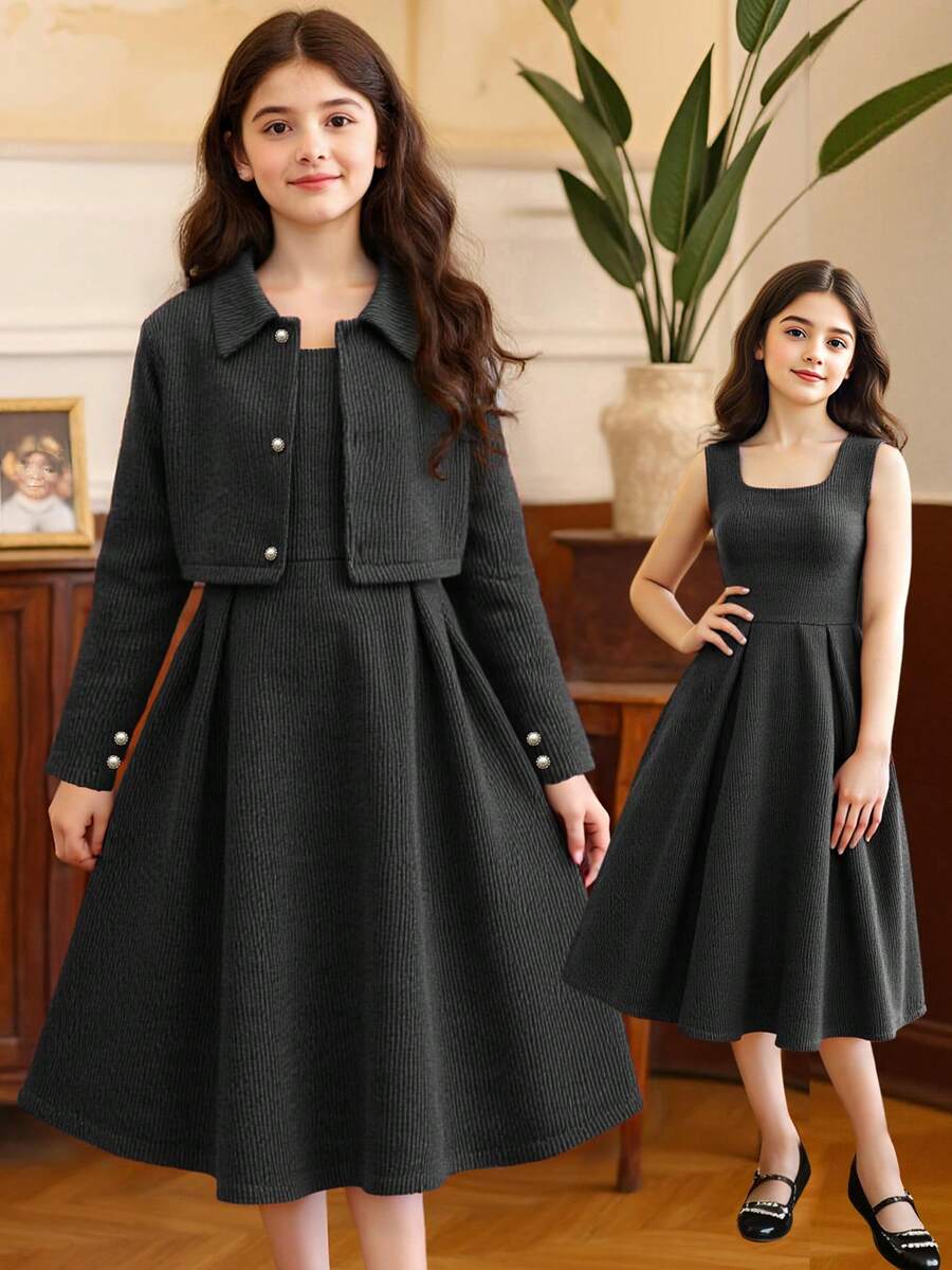 SHEIN 2pcs Tween Girls Casual Elegant French Style Short Jacket And Dress Set, Spring/Autumn - Dark Grey - View 1