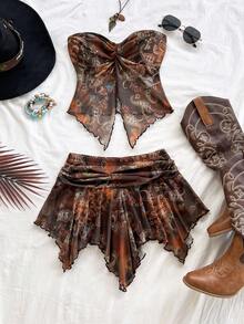 Soleia 女士度假风扭结设计腰果印花抹胸上衣和迷你裙套装，适合海滩、海边、音乐节、派对、夏季穿着 - 彩色 - 查看 5