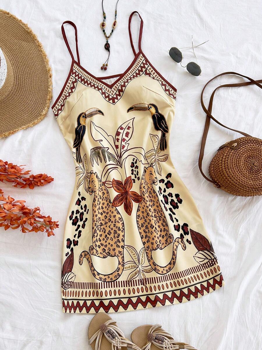 Soleia Women's Beach Vacation Casual Floral Print Spaghetti Strap Mini Dress Carnival, - Multicolor - View 1