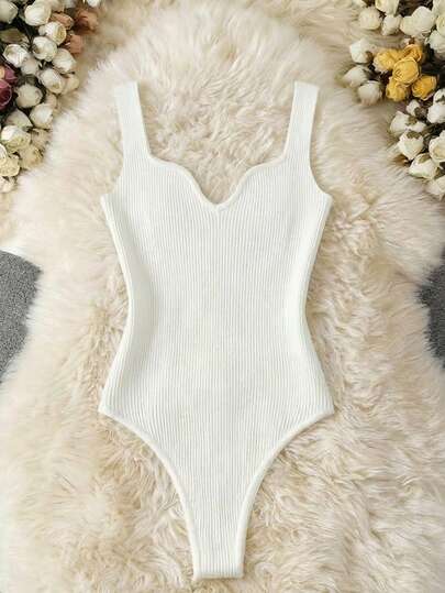 INAWLY Minimalistisk enfärgad ribbad stickad jumpsuit med hjärtformad halsringning för kvinnor