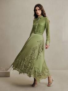 Anewsta 2pcs/Set Women's Green Lace Blouse Top And Satin Skirt, Spring New Elegant Mother's Day Outfit - Green - View 6