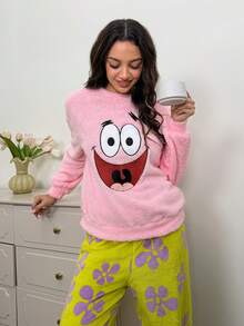 SpongeBob SquarePants | SHEIN Women's Winter Cartoon Embroidery Drop Shoulder Teddy Top & Pants Pajama Set, Fall Clothes - Pink - View 6
