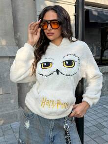 HARRY POTTER X SHEIN Women's Letter & Owl Embroidery Hooded Long Sleeve Sweatshirt Warm Flannel Plush Hoodie Autumn And Winter Cute Hoodie Hoodie For Women Kawaii Clothes - Apricot - View 1
