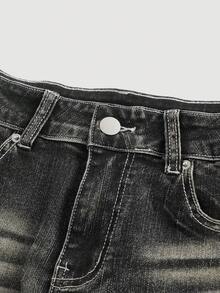 ROMWE Grunge Punk Quần short denim cạp siêu thấp in hình cờ Anh, kiểu dáng retro Y2K, có túi. - màu đen - Xem 3