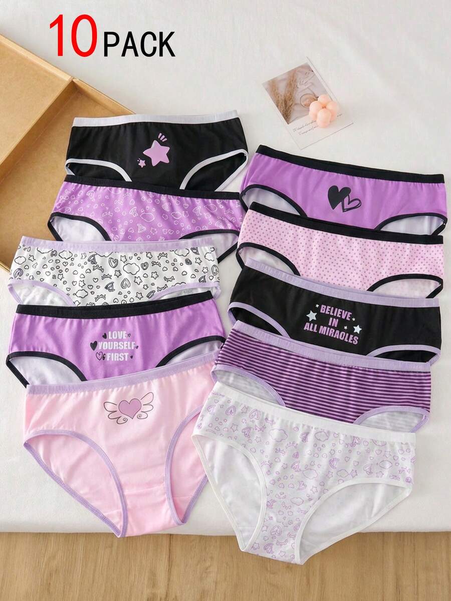 10pcs Girls Heart, Tween Girls Panties-Assorted Prints Low Rise Briefs Elastic Waistband Snug Fit No Ride Up Purple Black White Pink All Season 2026 New Year Essential Versatile And Comfortable Warm And Cute Style - Multicolor - View 1
