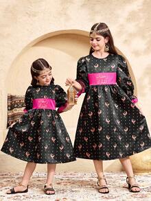 SHEIN رمضان Tween Girl Ditsy Floral Long Sleeve Dress الملابس التقليدية العربية - Black - View 7
