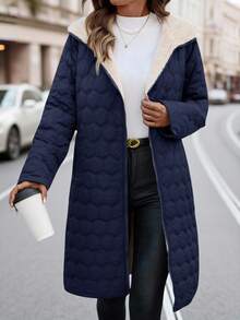 SHEIN Clasi 女士长款羽绒服，经典百搭带帽设计，冬季 - 藏蓝色 - 查看 3