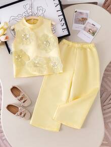 Elladie kids 2pcs/Set Young Girls Yellow Sleeveless Mandarin Collar Sequin Floral Vest & Straight Leg Pants,Summer 7th Birthday Middle Eastern Style Satin Outfits - Yellow - View 9