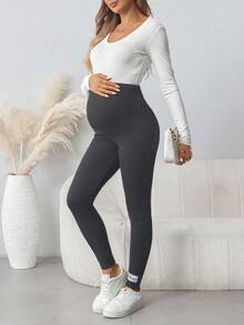 SHEIN Maternity Casual Adjustable Waist Elastic Leggings - Dark Grey - View 6