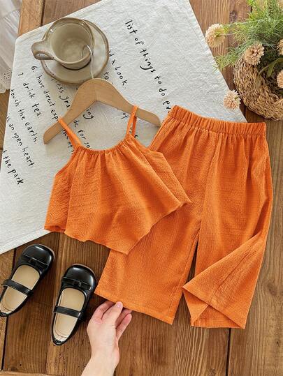 SHEIN LMoss Kids 2pcs Baby Girl Solid Color Sleeveless Vest And Loose Casual Pants Set