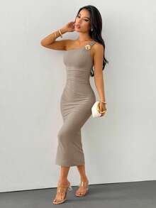 SHEIN PETITE Gold Color Brooch Decor Asymmetric Neck Ruched Fishtail Skirt Bodycon Midi Dress - Volcanic Gray - View 8