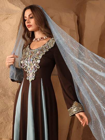 Al Najma Elegant Patchwork Chiffon Beaded Collar Long Sleeve Cinched Waist A-Line Maxi Dress, Suitable For Spring & Autumn Kaftan Jalabiya Dress Formal Elegant Party Uxury Evening Dresses Wedding Party Dress