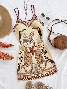 Soleia Women's Beach Vacation Casual Floral Print Spaghetti Strap Mini Dress Carnival, - Multicolor - View 3