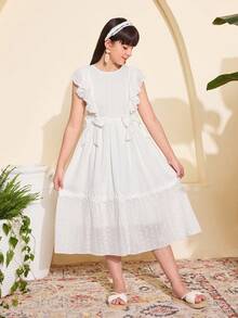 SHEIN 1件女童无袖圆领镂空荷叶边编织连衣裙，中长款白色连衣裙，夏季款 - 白色 - 查看 3