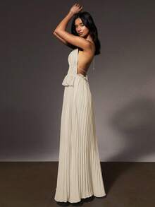 Athîral 女士纯色无袖镂空荷叶边下摆连衣裙 - 杏色 - 查看 2