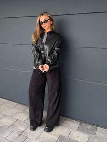 Jeta Ari Drop Shoulder Zip Up PU Cropped Leather Jacket In Fall/Winter - Black - View 5