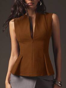 Hauture Women's Sexy Office Casual Front Zip With Peplum Structured Tailored Sleeveless Top - Brown - View 2