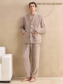 Vintage British Style Soft Coral Fleece Striped Textured Fleece Loungewear Top, Long Sleeve Button-Up Fluffy Casual Wear, Soft And Comfortable Men's Loungewear, For Fall Winter, Cozy - Grey - View 1