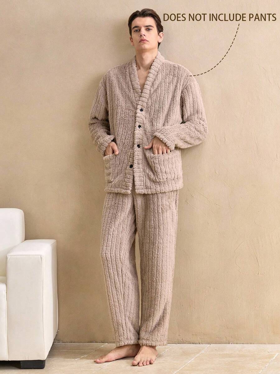 Vintage British Style Soft Coral Fleece Striped Textured Fleece Loungewear Top, Long Sleeve Button-Up Fluffy Casual Wear, Soft And Comfortable Men's Loungewear, For Fall Winter, Cozy - Grey - View 1