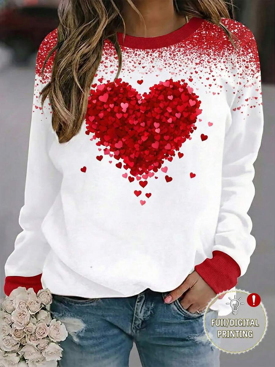 SHEIN LUNE Women's Valentine's Day Heart Gradient Contrast Color Print Sweatshirt - Multicolor - View 1