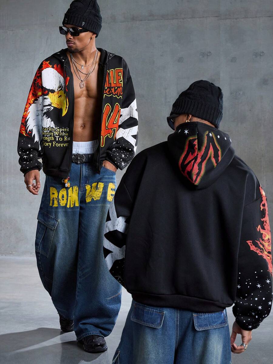 ROMWE MEN Street Life 男士五角星标语图案拉链抽绳连帽衫，时尚百搭通勤卫衣，秋冬款 - 黑色 - 查看 1