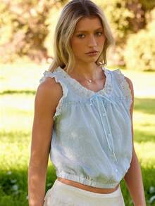 WESTFADE Ärmellose Spitzenbesatz Rüschen Knopfleiste Satinschleife Oberteil - Babyblau - Übersicht 6