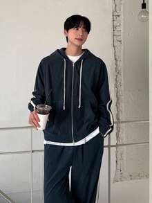 DAZY Men's Contrast Color Drawstring Hoodie Set, Blue & White, Autumn - Blue - View 7