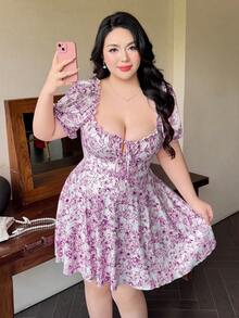 Vibekara 新款优雅印花修身泡泡袖腰部褶皱度假连衣裙，百搭显瘦A字裙摆，弹力面料 - 紫色 - 查看 4