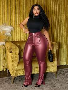 Slaydiva 2025秋冬新品，优雅街头风休闲派对聚会音乐节必备单品，修身纯黑色长裤，拉链装饰，不规则腰线，脚踝开衩，紧身裤型，PU涂层面料，弹力材质，大码长裤 - A - 酒紅色 - 查看 4