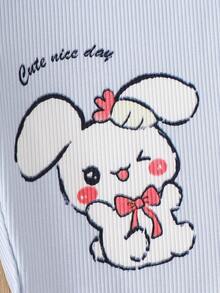 3pcs/Set Girls Capri Leggings, Purple, Pink, Blue, Cartoon Rabbit Pattern, Ribbed Fabric, Elastic Waist, Ruffle Hem, Casual, Comfortable, Stretchy, Summer - Multicolor - View 7