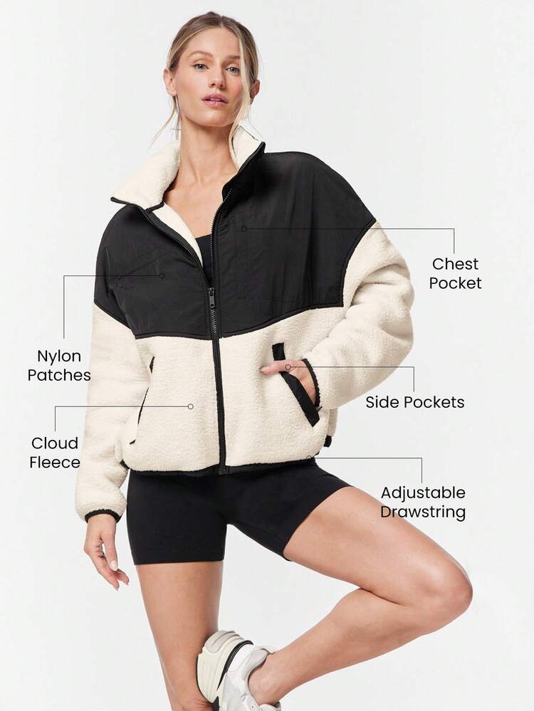 Cloud Fleece Double The Glow Two-Tone Waist-Length Drawstring Hem Zip-Up Jacket With Side Zipper Pockets Daily Casual Wear Fall Winter