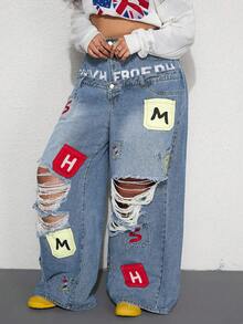 ROMWE Street Life Spring / Summer Y2K Casual Street Style Embroidered Pocket Design Dual Waistband Plus Size Loose Fit Denim Jeans - Light Wash - View 4