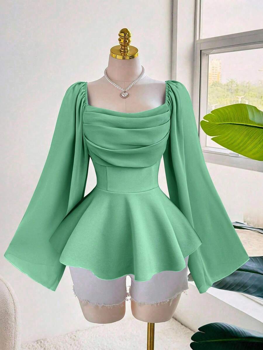 Sweetra Blusa holgada de mujer talla grande con cuello francés elegante y romántica, de gasa, con mangas acampanadas y cintura elástica, para uso diario y casual, primavera/otoño - Verde - Ver 1