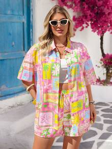 Vivid Eden 大码女士时尚优雅休闲浪漫度假印花两件套，粉色两件套，女士两件套，情人节两件套，女士多色夏季家居服套装，女士两件套，夏季女士短款套装，女士度假短款套装，纯色/格子/条纹/休闲 - 粉色 - 查看 7