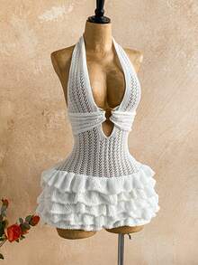 Soleia Women's Sexy Backless Halter Neck Ruffle Hem Mini Knit Dress, Summer - White - View 5