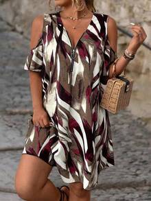 EMERY ROSE Plus Size Casual Vacation All-Over Print Off-Shoulder Dress - Burgundy - View 7