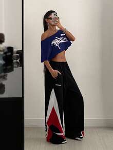 Coolane 女士街头风外出运动休闲印花露肩宽松短款红色T恤 - 藏蓝色 - 查看 3