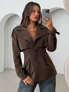 Aloruh Trench-coat marron unicolore à simple boutonnage pour femme avec cordon de serrage à la taille, polyvalent pour le trajet, le port décontracté, toutes saisons - Tabac - Voir 6