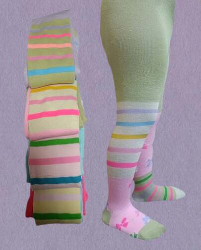 Paquete 2 Mallas para niña con diseño rayado y moños, de algodón, en diferentes colores, para todas las temporadas