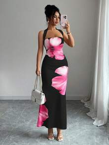 Elenzga petite Đầm nữ dài ngang gối dáng ôm in họa tiết, cổ yếm, thắt eo, kiểu dáng mùa hè 2025. - màu đen - Xem 3