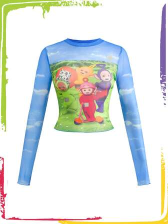 Teletubbies X ROMWE Y2K süßes Cartoon-Grafik-Mesh-Langarmoberteil für Frauen