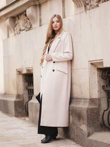 Anewsta 女士简约时尚杏色长款翻领大衣，配腰带，新年装扮 - 杏色 - 查看 8