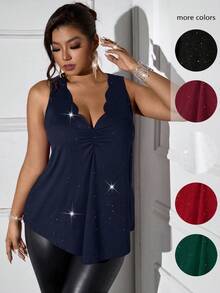 Femmeverse Plus Size Women Scoop Neck Sequin Embroidery Casual Camisole  For Wedding,Party,Valentine's Day