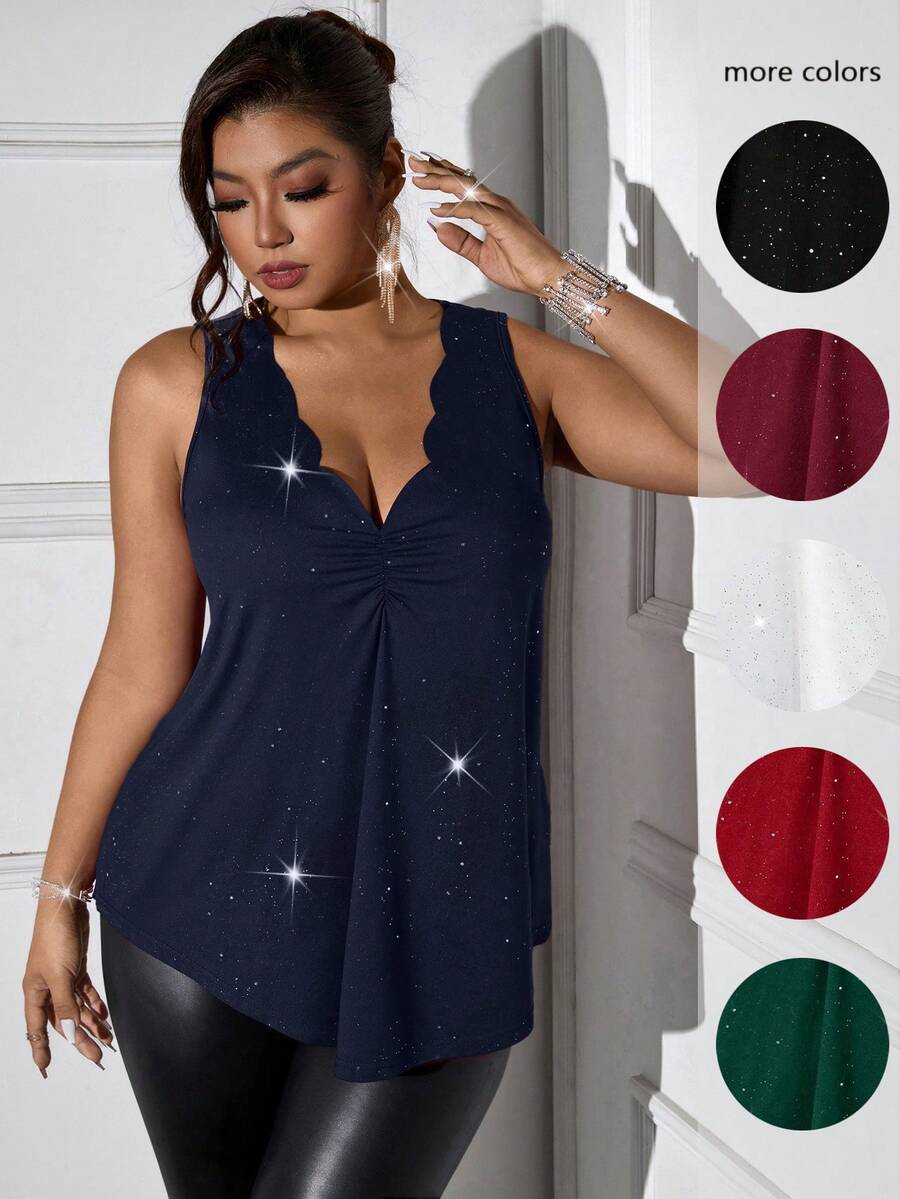 Femmeverse Plus Size Women Scoop Neck Sequin Embroidery Casual Camisole  For Wedding,Party,Valentine's Day