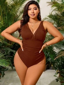 Swim Vcay Baju Renang Terusan Seksi Wanita Ukuran Besar Warna Polos dengan Jala Kontras - Chocolate Brown - View 4