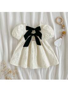 Loomiva Newborn Baby Girl Contrast Bow Round Neck Puff Sleeve Waist Tie Dress